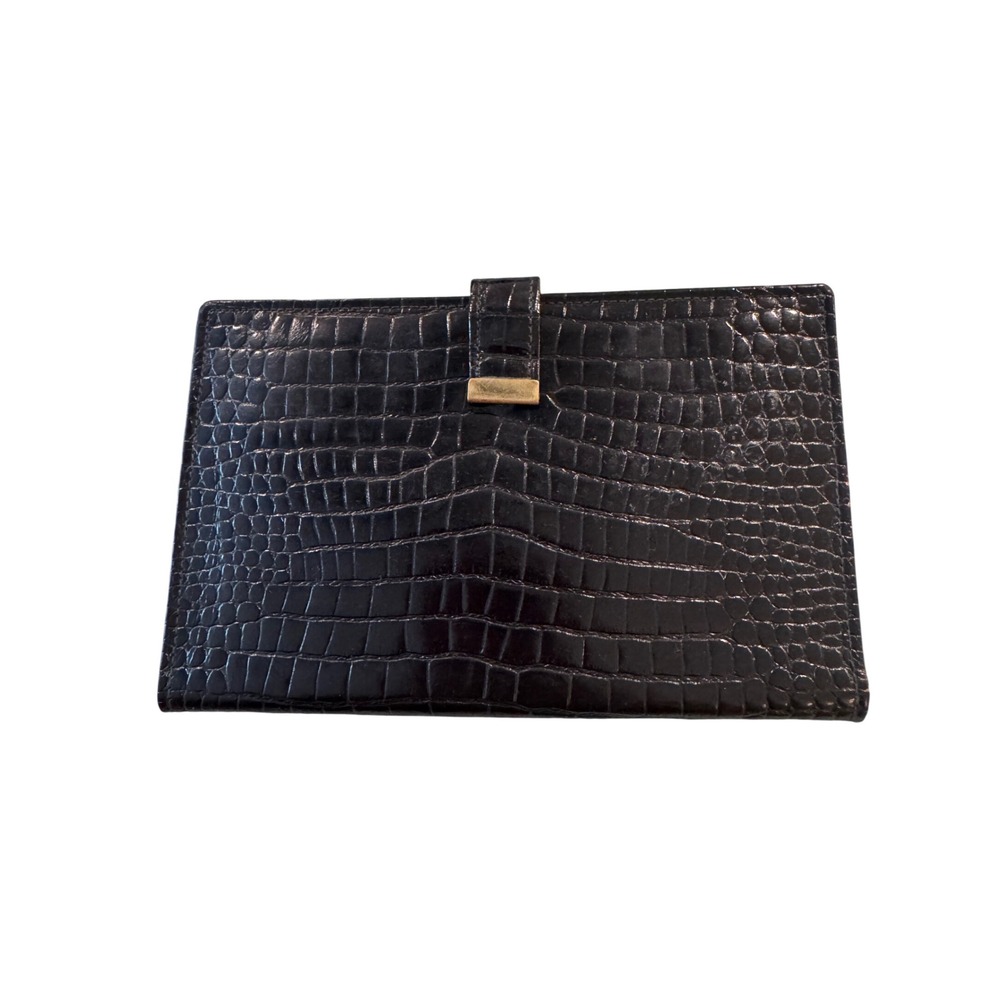 Vintage Black Croc Embossed Calf Leather Travel Wallet w/ Gold Hardware. 7inx4in